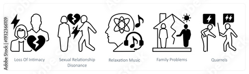 A set of 5 mix icons as loss of intimacy, sexual relationship disonance, relaxation music in black color