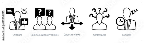 A set of 5 mix icons as criticism, communication problems, opposit views in black color
