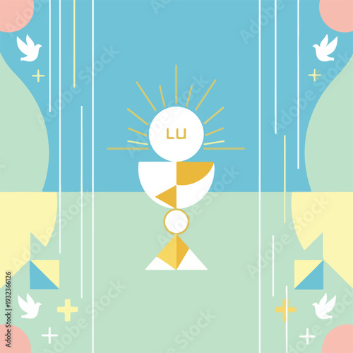A geometric illustration of religious symbols and shapes in pastel colors