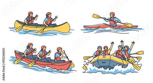 Enthusiastic people participating in water sports including canoeing, kayaking, and white water rafting on a river or lake with oars.