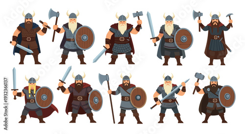 Diverse collection of fierce Viking warriors equipped with traditional weapons like axes, swords, shields, and hammers in various poses.