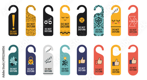 Variety of creative do not disturb door hangers featuring different colors, patterns, sleepy faces, and icons for hotel and home use.