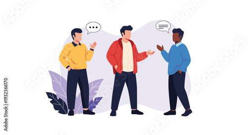 Three young men standing and having an active conversation with speech bubbles representing communication and social interaction.