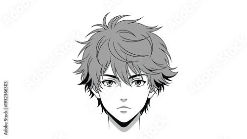 Detailed black and white anime portrait shows a young man with messy hair and intense eyes looking forward.