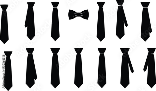 Necktie and bow tie vector silhouettes, black fashion clothing icons set, formal wear accessory design, men’s apparel illustration artwork