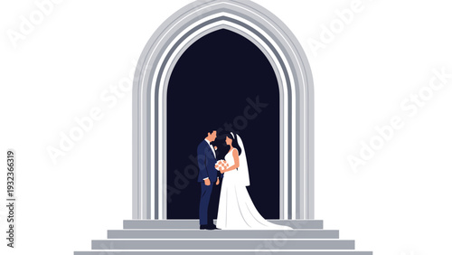 Elegant bride and groom stand together at the altar of a church beneath a large gothic arch on their wedding day.