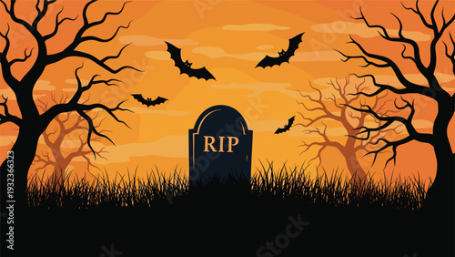 Eerie graveyard scene for Halloween features a tombstone labeled RIP, flying bats, and silhouettes of bare trees.