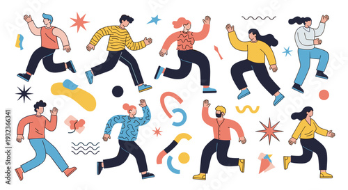 Dynamic illustration of diverse people running, jumping, and leaping in different directions accompanied by abstract geometric shapes and stars.