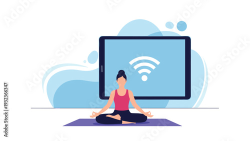 Focused woman practices yoga in a serene lotus position in front of a digital tablet showing a strong wifi signal.