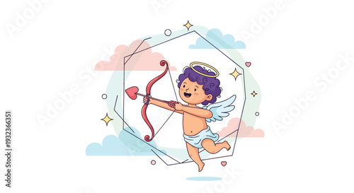 Cute cartoon cupid character with wings and a halo holding a bow and a heart-tipped arrow in a whimsical starry background.