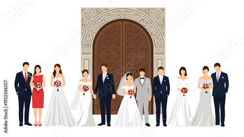 Formal wedding party including the bride, groom, and their attendants pose together in front of a grand ornate door.