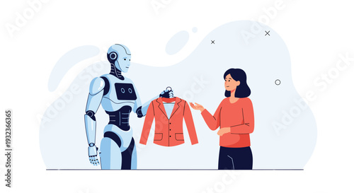 Helpful service robot handing a red jacket to a woman in a modern home environment representing future artificial intelligence assistants.