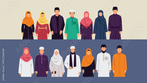 Large group of diverse people dressed in traditional Muslim clothing are presented in two rows against simple backdrops.
