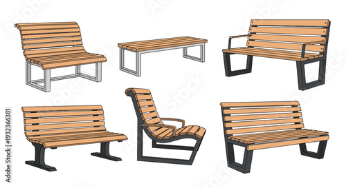 Set of modern and classic wooden park benches with metal frames in various orientations for outdoor landscaping and public space design.