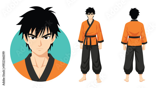 Comprehensive character design sheet presents a young male martial artist in orange attire from several different angles.