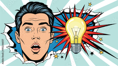 Surprised man in retro pop art style looks through a hole at a glowing lightbulb representing a sudden great idea.