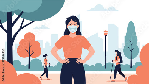 Healthy woman wearing a protective face mask stands in a city park while others walk and exercise in the distance.