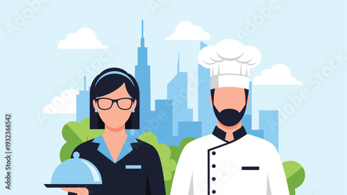 Professional male chef and female restaurant server stand together against a blue city skyline representing hospitality.