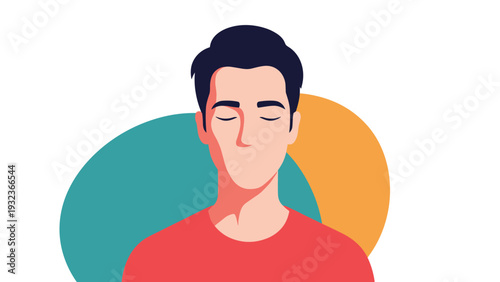 Calm portrait of a young man with his eyes closed in a state of meditation or peace against colorful circles.