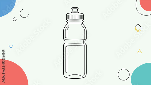 Simple line drawing of a plastic sports water bottle is shown against a minimalist background with geometric shapes.