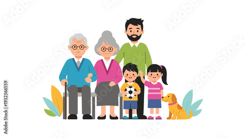 Happy multi-generational family including children, parents, and grandparents poses with their pet dog in a studio.
