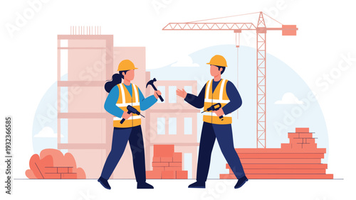 Team of construction workers in safety vests and helmets discuss their project at a building site with a crane.