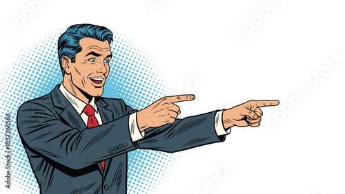 Energetic businessman in a suit points excitedly toward a blank space in a classic retro comic book pop art style.