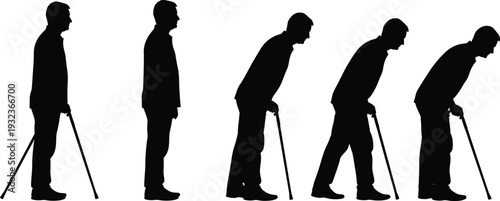 Silhouette aging progression vector illustration of man with cane, posture decline artwork, elderly lifestyle design, health awareness concept, mobility change artwork