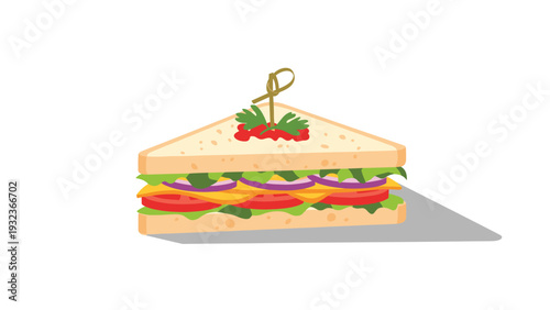 Delicious club sandwich layered with fresh meat, cheese, lettuce, and tomatoes is served with a toothpick on a surface.