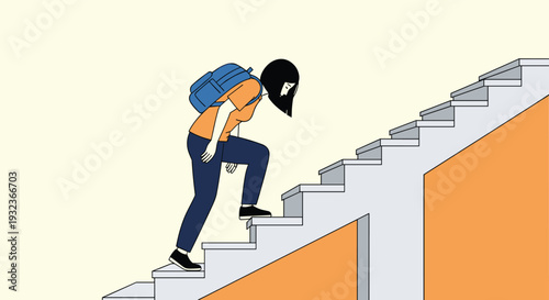 Determined girl with a blue backpack climbing a set of stairs symbolizing personal goals, career advancement, and life success.