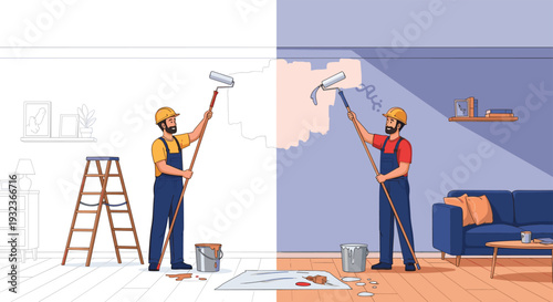 Professional house painters work on a home renovation project shown in a creative split view from sketch to finished wall.