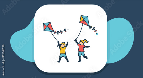Little boy and girl enjoying outdoor fun by flying colorful kites against a stylized background with soft blue shapes.