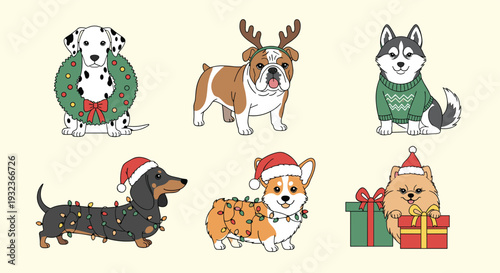 Adorable set of different dog breeds wearing festive Christmas accessories like reindeer antlers, santa hats, wreaths, and string lights.