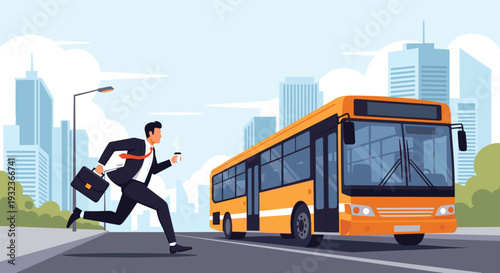 Young businessman in a suit runs down a city street while carrying a briefcase and coffee to catch a yellow commuter bus.
