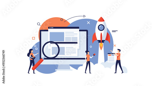 Startup business growth concept features a rocket launching next to a computer monitor and team members analyzing data.