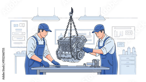 Professional mechanics wearing blue overalls work on a complex car engine suspended from a metal hoist in a workshop.