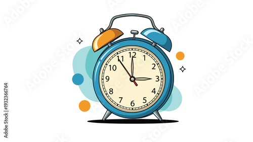 Classic blue alarm clock with twin bells and white face shows the time against a creative background with dots and stars.