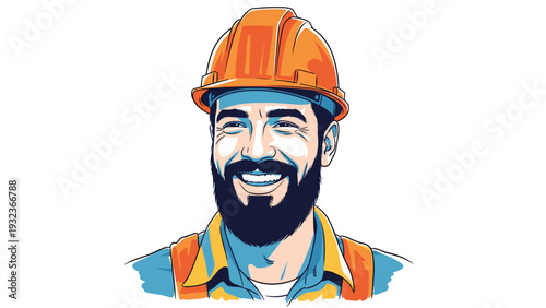 Cheerful male construction worker wearing an orange hard hat and safety vest smiles warmly in a detailed portrait illustration.