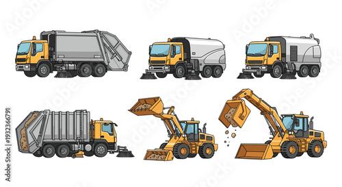 Set of heavy duty municipal service vehicles including garbage trucks, street sweepers, and excavators for urban maintenance.