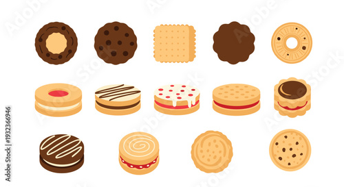 Delicious assortment of various cookies and sweet biscuits featuring chocolate chips, cream fillings, and jam centers for snacks.