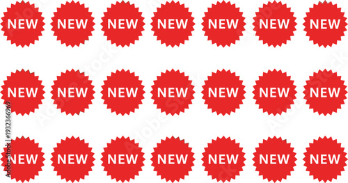 New Arrival Badge Set with Red Starburst Stickers and Promotional Sale Tag Icons for E-commerce and Retail Advertising Design