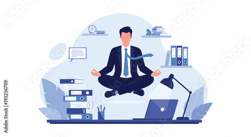 Calm businessman in a formal suit practices meditation by levitating above his office desk to find work-life balance and focus.