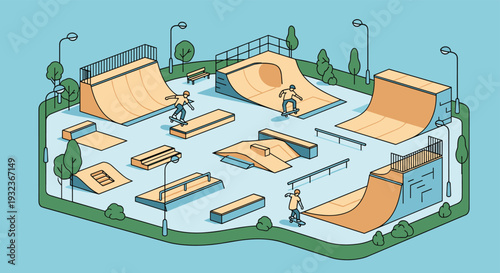 Isometric view of a modern urban skatepark featuring various ramps, rails, and quarter pipes for skateboarding enthusiasts.