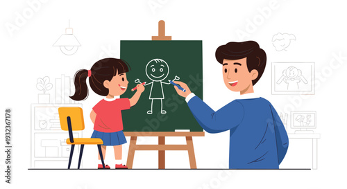 Loving father and his young daughter spend quality time together drawing a happy figure on a large green chalkboard at home.