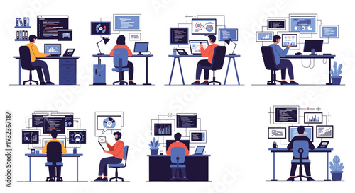 Group of skilled software developers and data analysts work at high-tech workstations with multiple computer monitor setups.