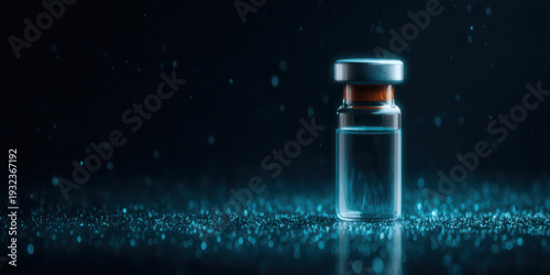 Medical vial liquid medicine close up dark background glowing light macro shot pharmaceutical container sterile bottle healthcare drug storage transparent glass blue light isolated object medicine
