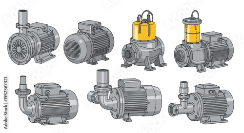 Set of various industrial electric motors and water pumps designed for heavy duty mechanical operations and fluid transport.