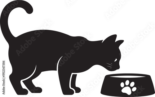 A black and white silhouette of a cat eating food from its bowl on a white isolated background. Vector graphics