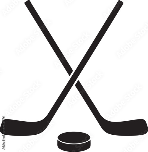 A vector illustration of two crossed hockey sticks and a puck
