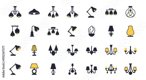 Comprehensive grid of various lamp and lighting fixture icons including desk lamps, chandeliers, and modern wall sconces.